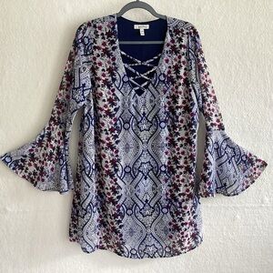 Y2K Speechless Red Blue White Paisley Print Bell Sleeve Boho Lined Mini Dress L